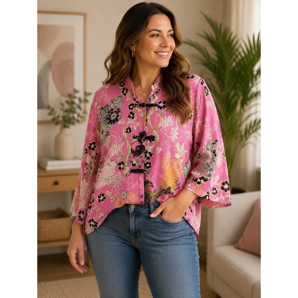 NATORI Women Pink Floral Print Split Neck Long Sleeve Blouse Top -3334
